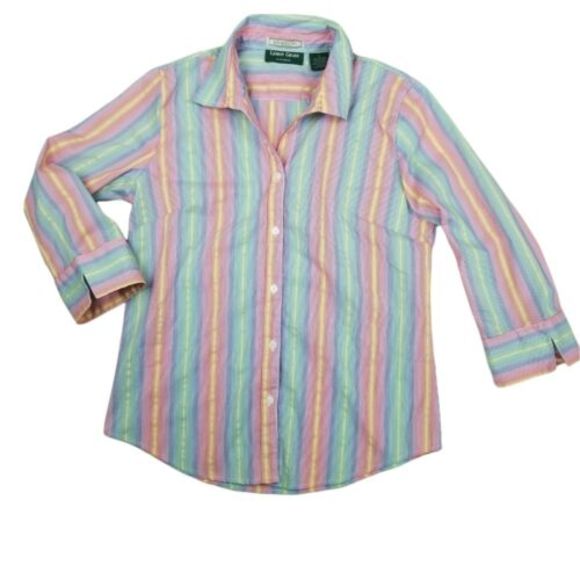 LEMON GRASS Womens S Rainbow Striped Career Stretch Button Front Shirt Open Cuff - Picture 1 of 12